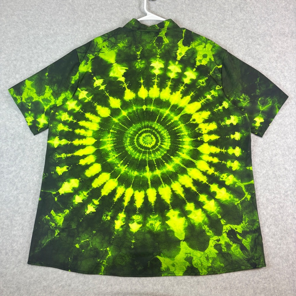 Mens 2XL Neon Green Black Tie Dye Spiral Button Down Shirt Short Sleeve Festival - Picture 10 of 11